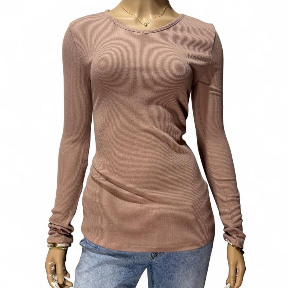 Poof New York Tan Ribbed Long Sleeve Top Womens Large V Neck Basic Coquette Y2K